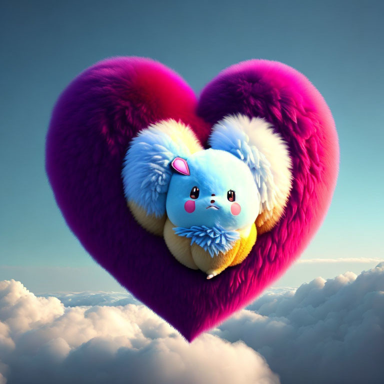 Colorful Fluffy Heart-Shaped Character Floating Above Clouds