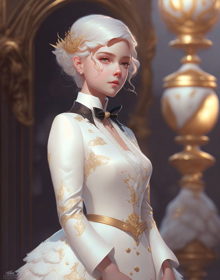 White-haired woman in elegant white and gold dress with regal pose and soft gaze