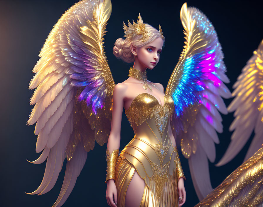 3D-rendered woman in golden armor with iridescent wings in mystical setting