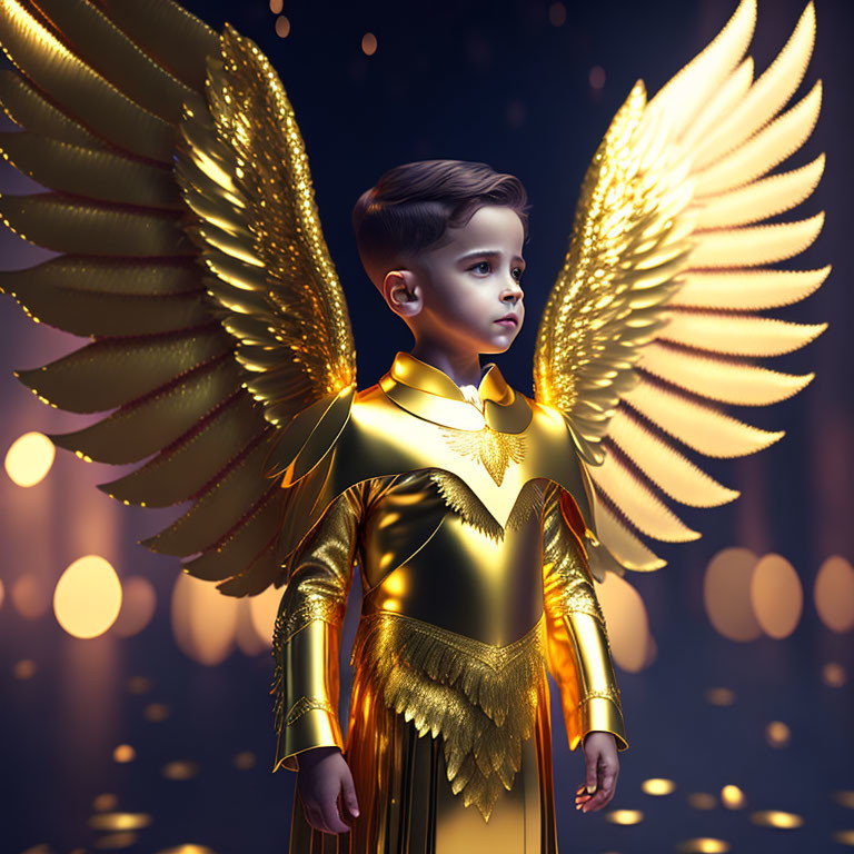 Child in angel costume with golden wings and armor in mystical setting.