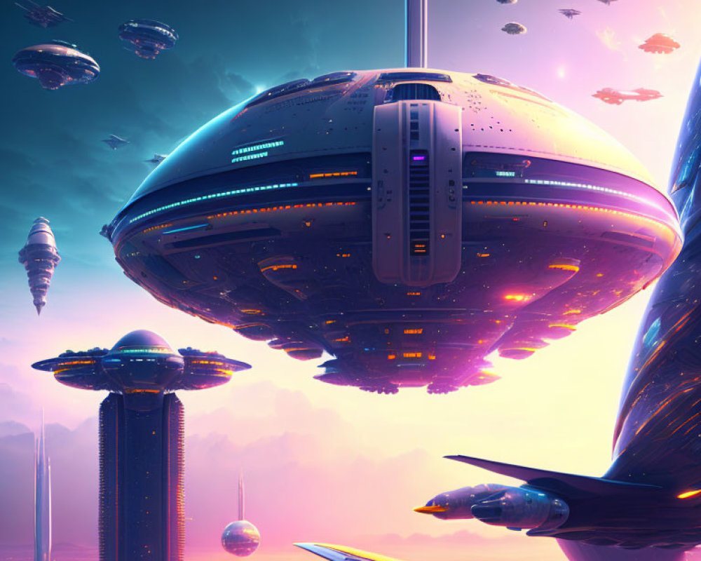 Futuristic cityscape with flying vehicles and towering structures under purple and orange sky