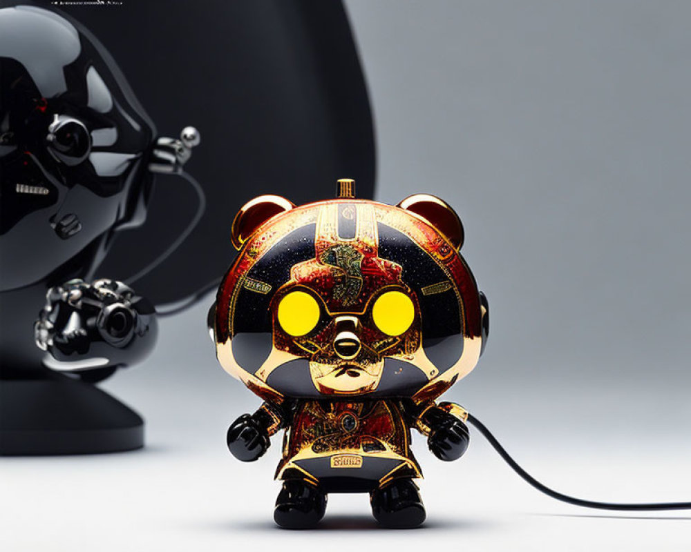 Intricate Gold, Black, and Red Designer Bear Toy with Headphones and Matching Speaker