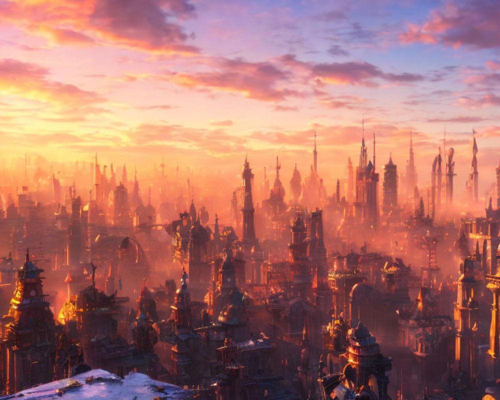 Fantastical cityscape at sunset with misty towers.