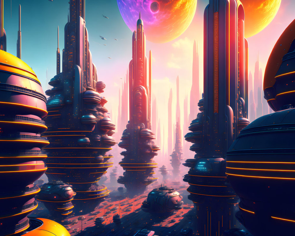 Vibrant futuristic cityscape with towering skyscrapers and celestial bodies in the sky