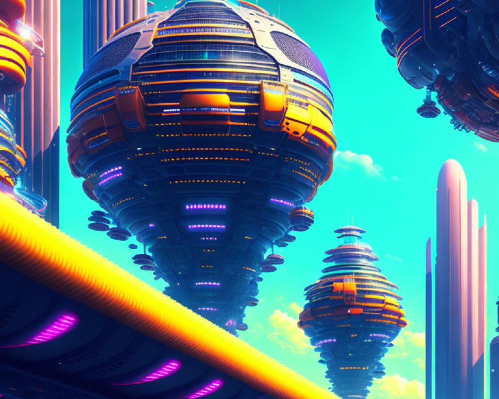 Futuristic Cityscape with Floating Spherical Structures and Tall Pillars