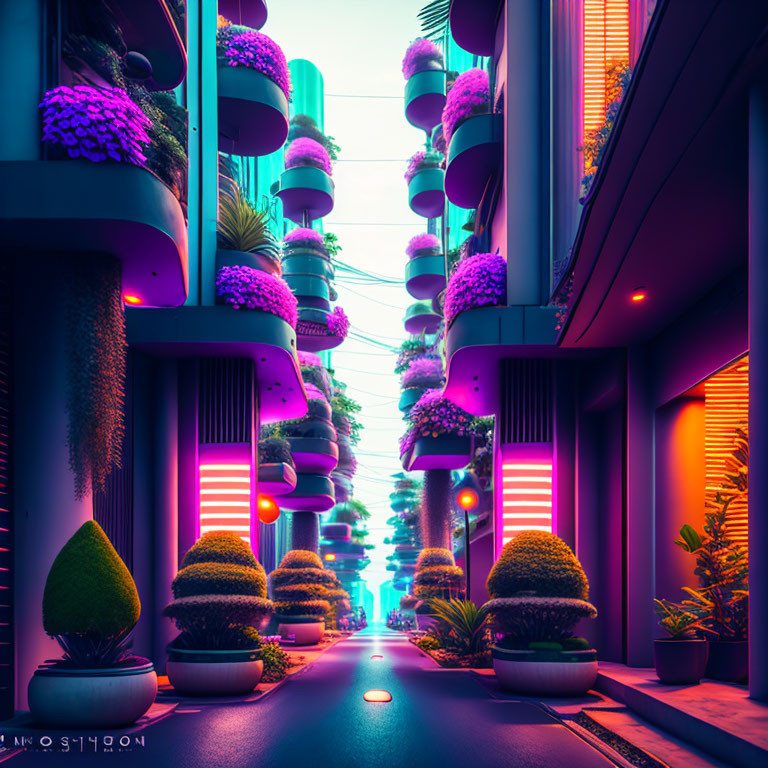 Futuristic alley with neon lights and lush vertical gardens