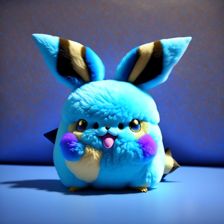Blue fluffy creature with large ears on blue background