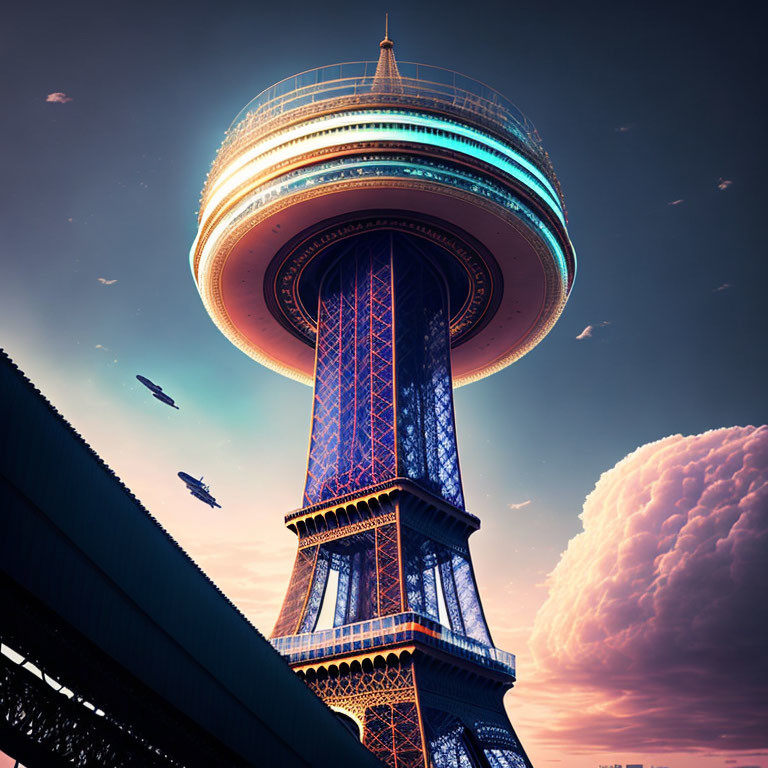 Futuristic Eiffel Tower with sci-fi flying saucer top and flying vehicles in dreamy