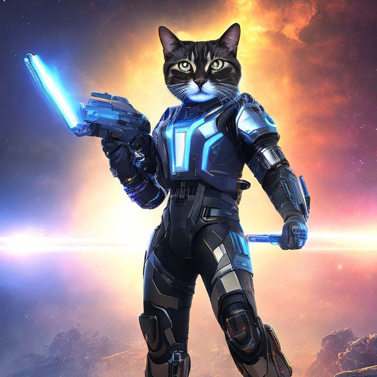 Feline in futuristic armor wields blaster and sword in cosmic setting