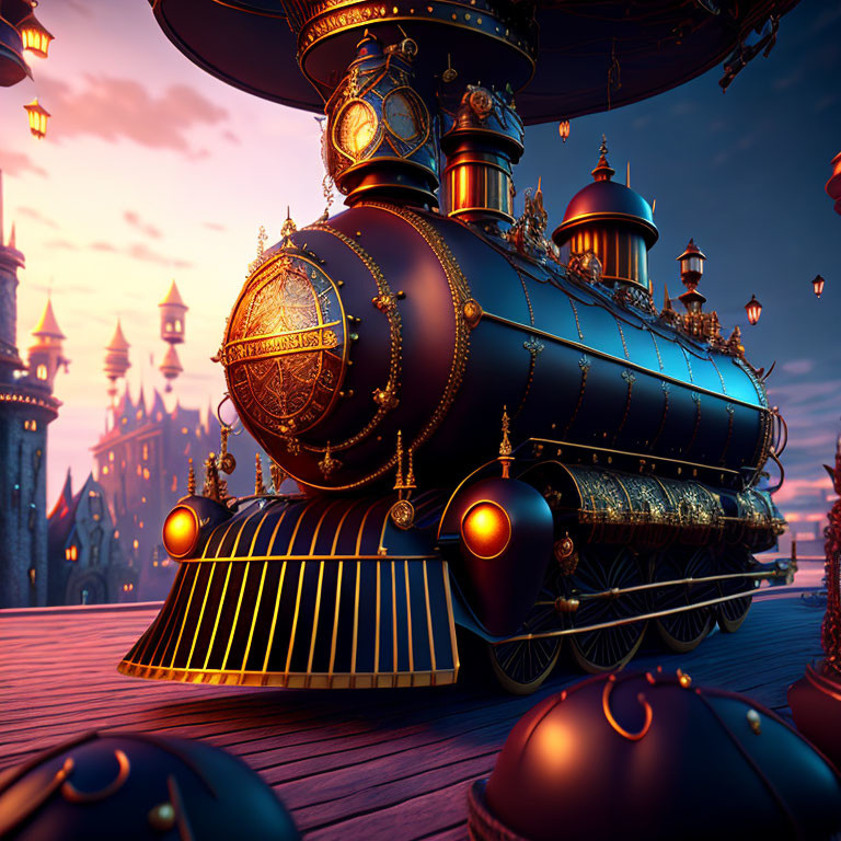 Steampunk-style train with golden details on twilight castle backdrop