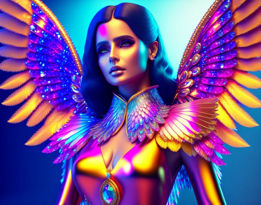 Colorful depiction of a woman with iridescent wings and ornate jewelry on a vibrant background