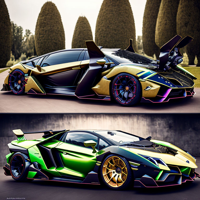 Custom colorful Lamborghini sports cars with wings and gold accents parked outdoors