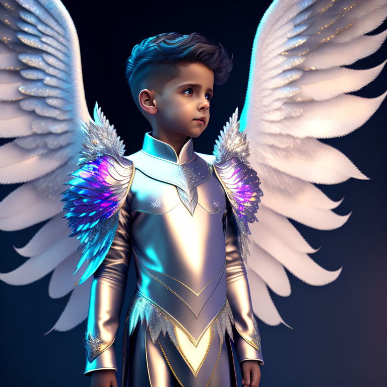 Young boy with majestic white wings and futuristic armor