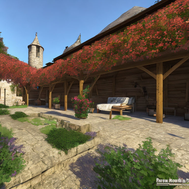 Medieval courtyard with wooden shelter, red trees, stone pathway, and church tower.