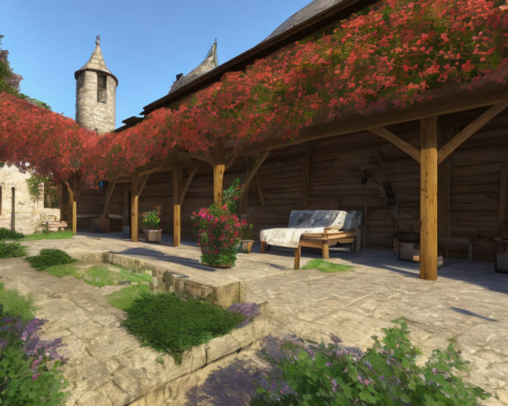 Medieval courtyard with wooden shelter, red trees, stone pathway, and church tower.