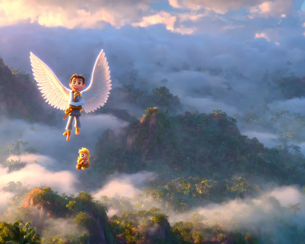 Winged animated character flying over misty forest hills at sunrise