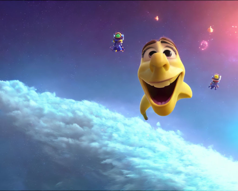 Joyful yellow character flying in starry sky with two figures in space suits.