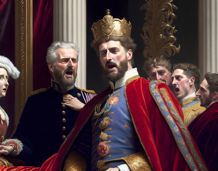 Regal bearded king in golden crown and uniform, men in awe, red drapery.