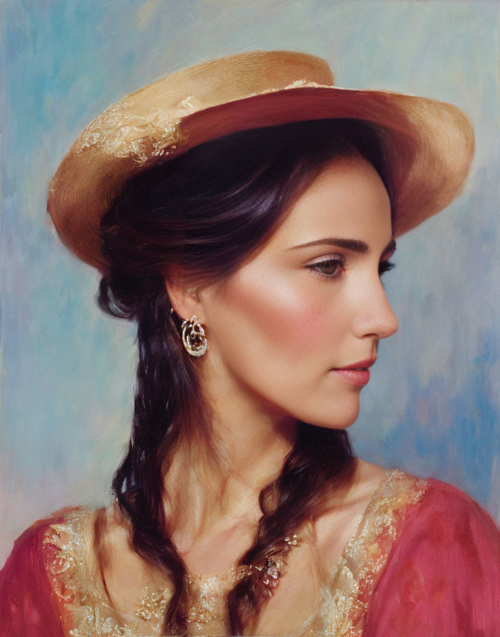 Classical portrait of woman in red dress with side braid and wide-brimmed hat