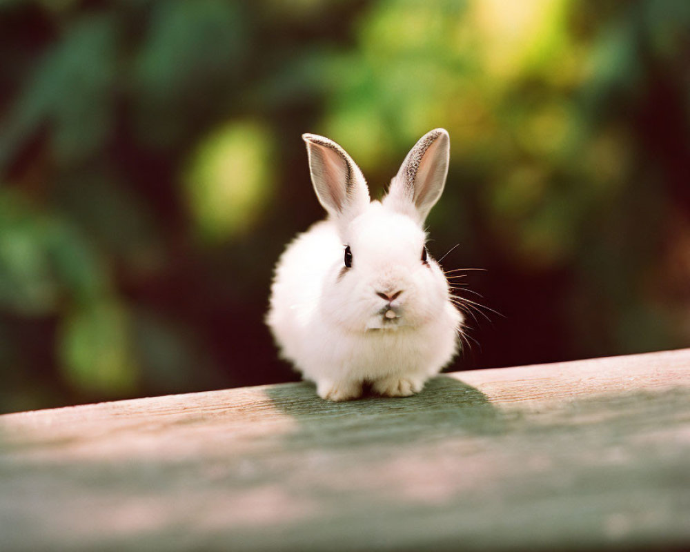 Small White Rabbit with Upright Ears on Wooden Surface