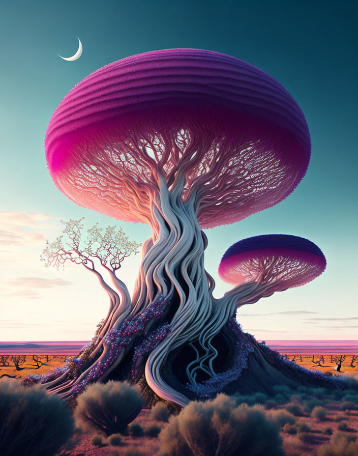 Surreal artwork: Mushroom-like trees in desert twilight