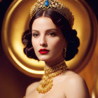 Regal woman with golden crown and necklace on warm golden backdrop