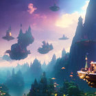 Floating islands with castles and airships in colorful dusk sky