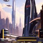 Vibrant futuristic cityscape with skyscrapers and flying vehicles