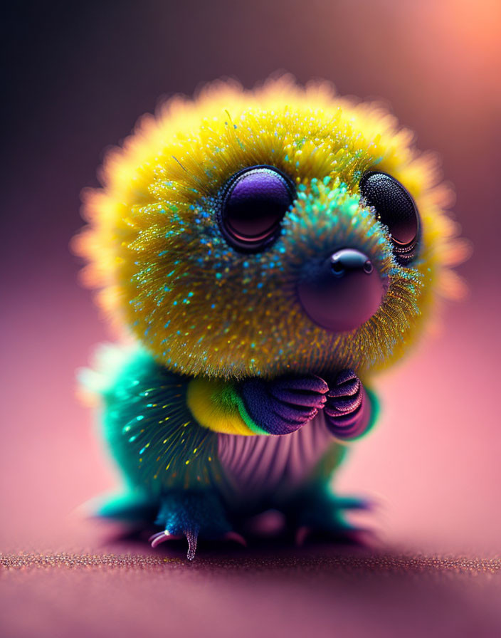 Colorful Fluffy Creature with Gradient Colors and Purple Eyes
