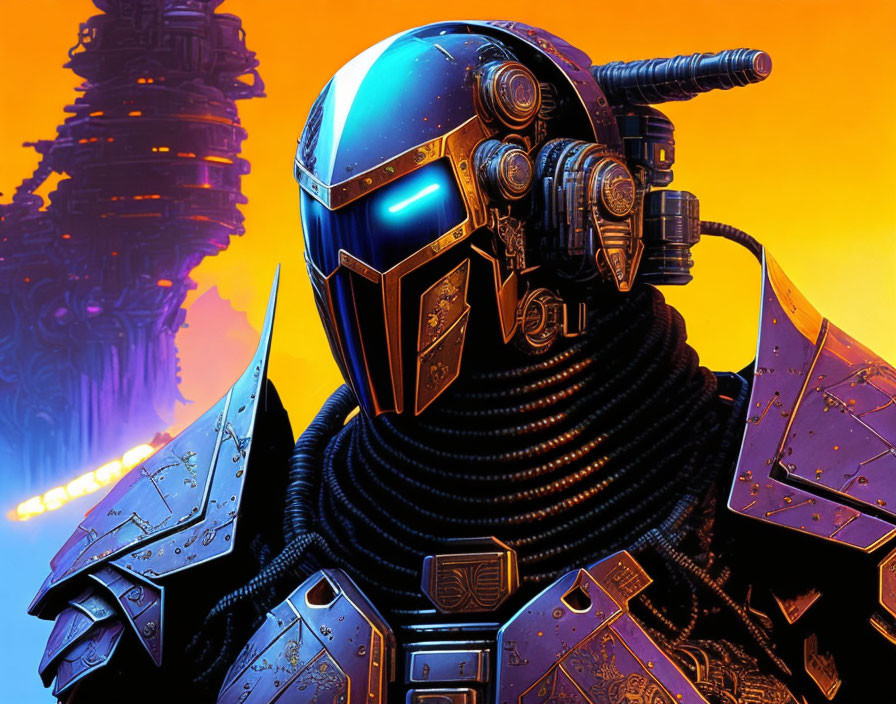 Sci-fi knight in ornate armor with glowing blue visor on orange and purple futuristic backdrop.