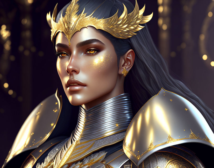 Regal Female Character in Golden Crown and Armor with Determined Expression