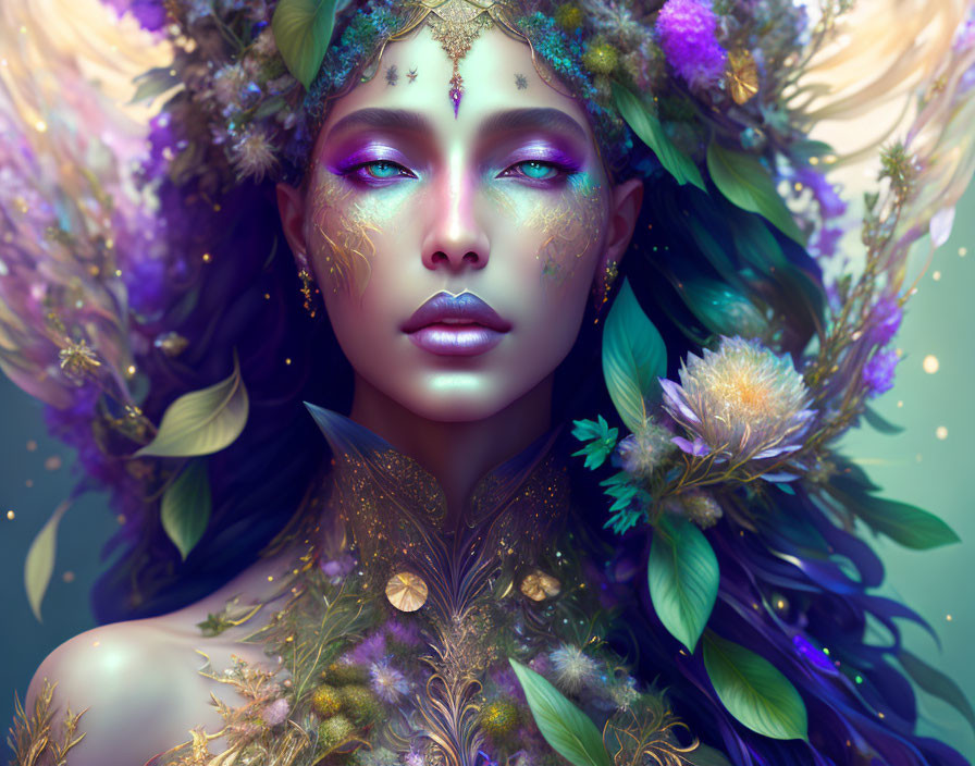 Ethereal woman with vibrant makeup and floral headdress.