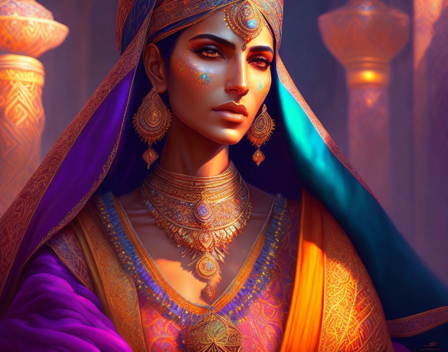 Traditional Indian Attire and Jewelry in Vibrant Digital Art