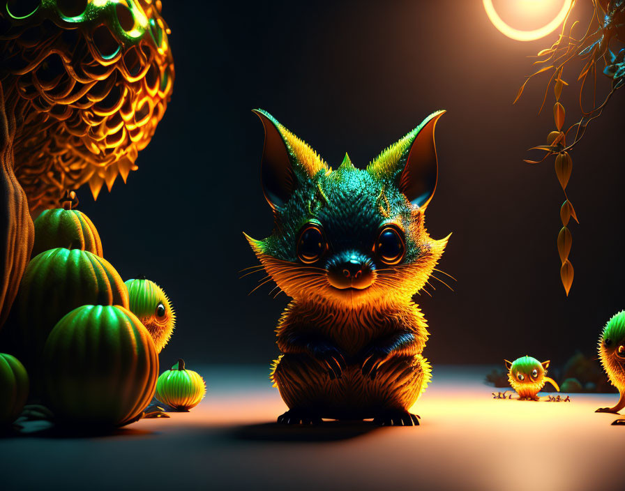 Fantasy creature art: Glowing bat-kitten hybrid and whimsical companions