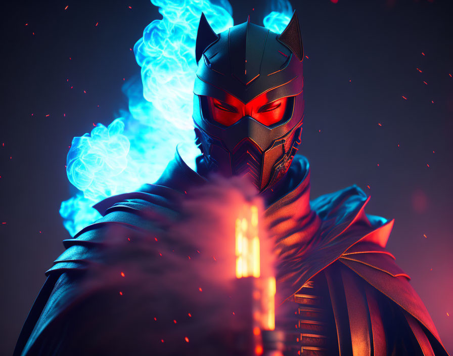 Mysterious masked figure in red and black armor with swirling blue flames
