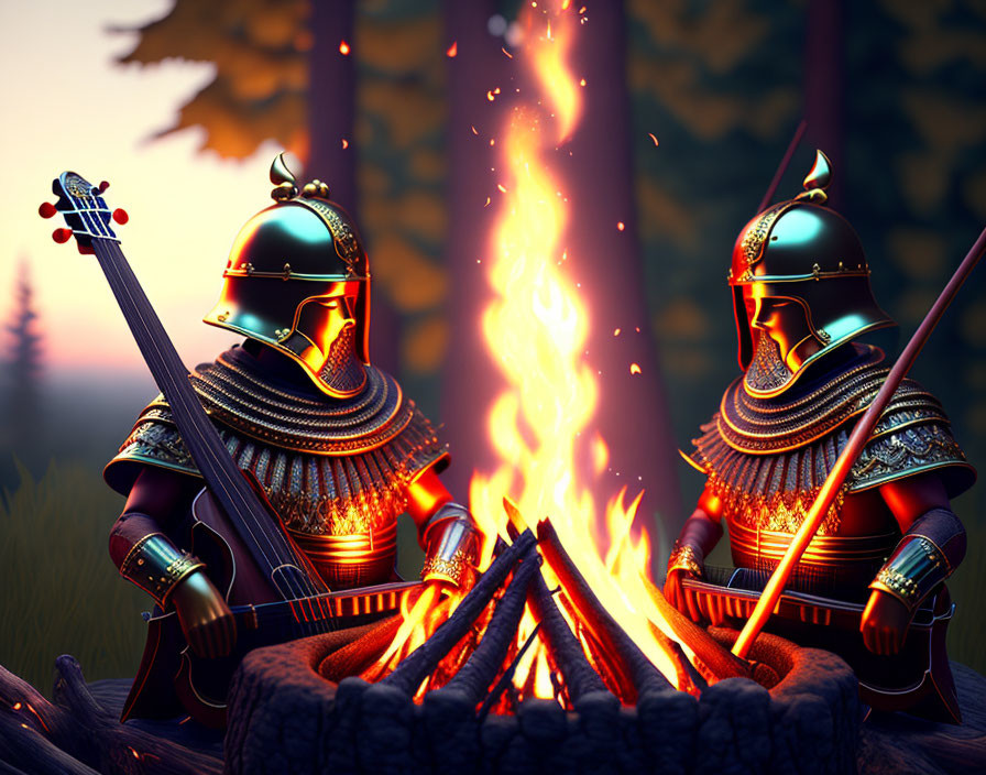 Armored medieval knights with lute by campfire in forest at dusk