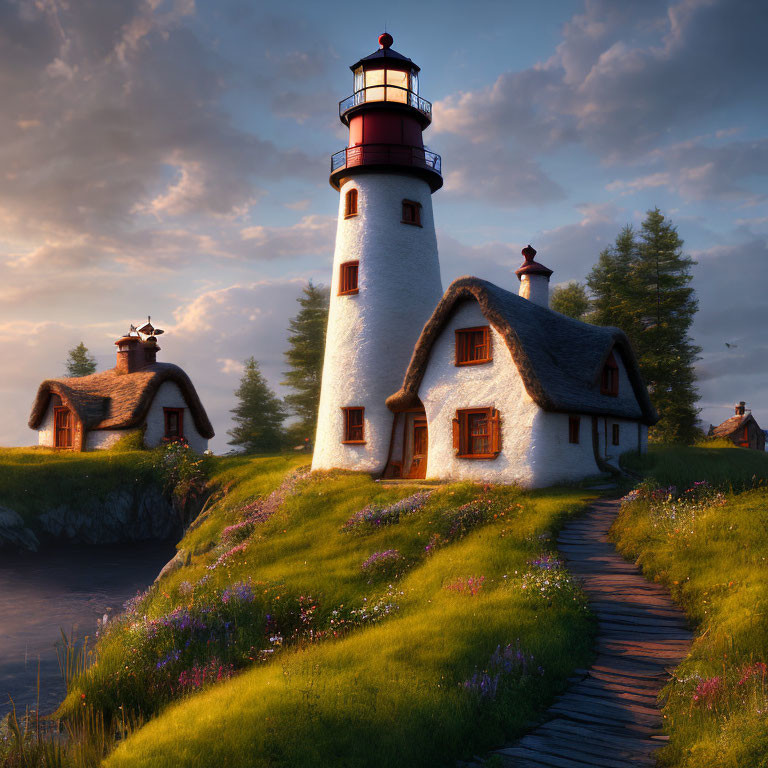 Serene coastal landscape with lighthouse and thatched cottage at sunset