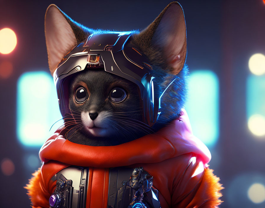 Digital illustration of cat in futuristic attire: large eyes, space helmet, orange jacket.
