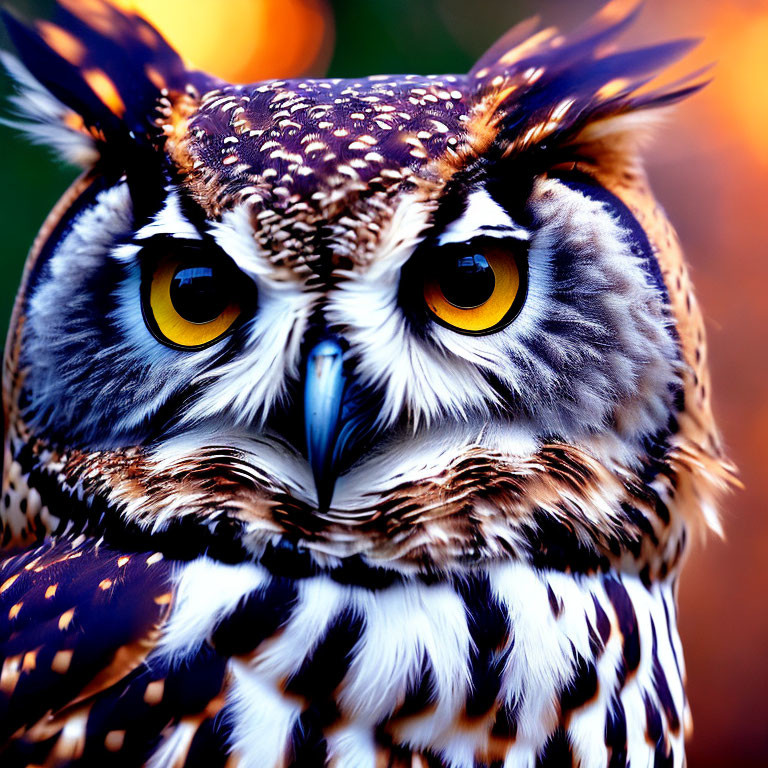 Majestic owl with yellow eyes and intricate plumage on blurred background