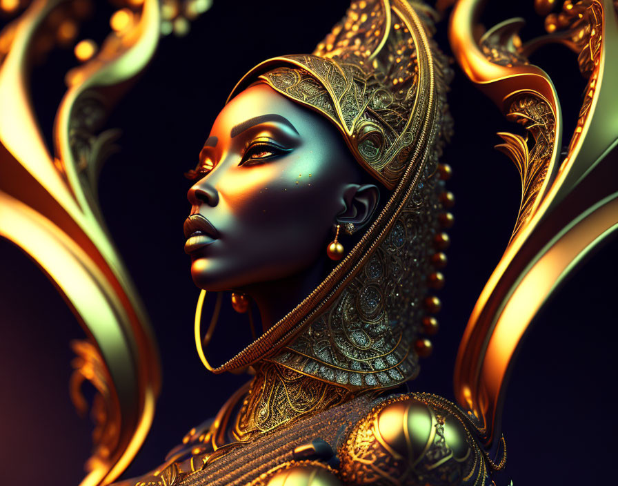 Intricate Digital Artwork: Woman in Gold Headgear on Dark Background