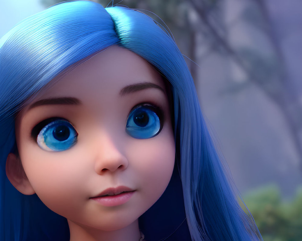 Vibrant animated character with blue hair and necklace in nature setting