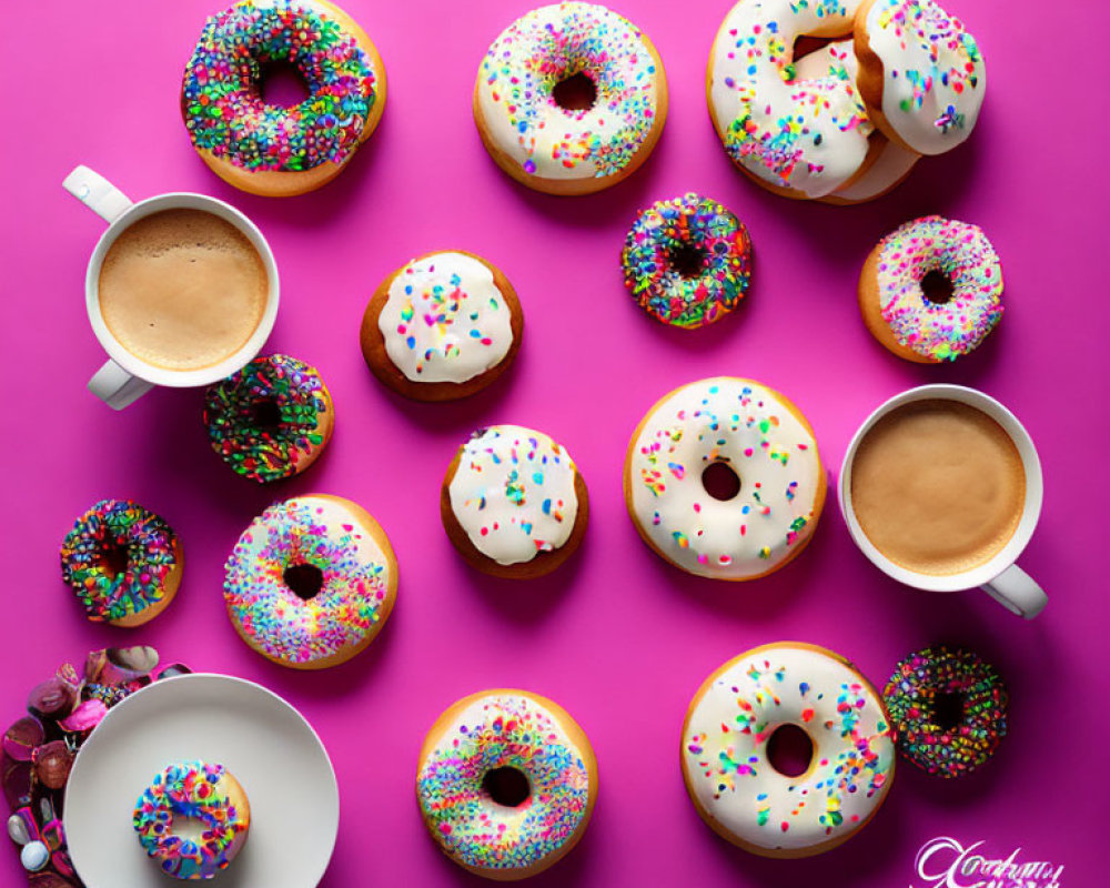 Colorful Sprinkle Frosted Donuts & Coffee Cups on Pink Background