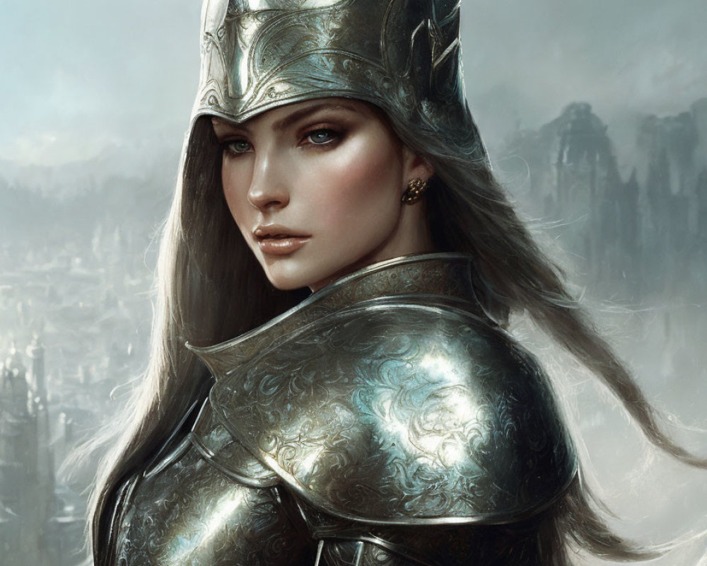Female warrior portrait in silver armor with medieval cityscape.