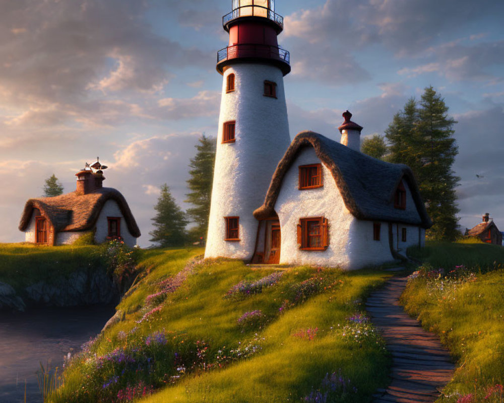 Serene coastal landscape with lighthouse and thatched cottage at sunset