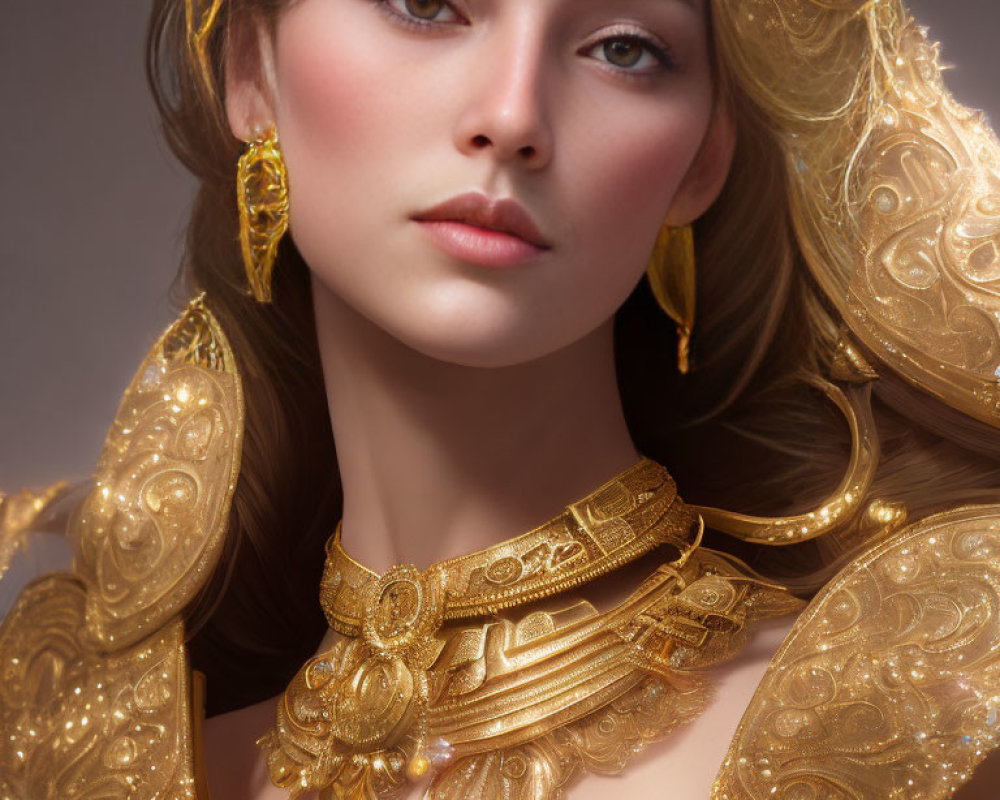 Serene woman in intricate golden jewelry on neutral background