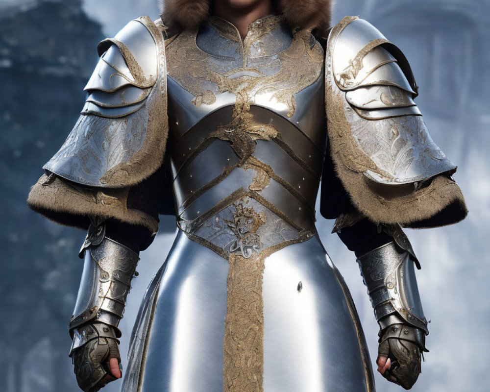 Detailed Silver and Gold Medieval Armor on Person in Misty Forest