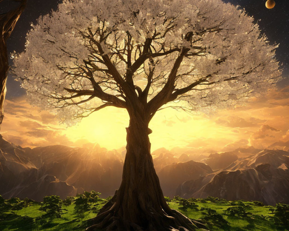 Luminous white leaves tree at sunset with mountains and planets.
