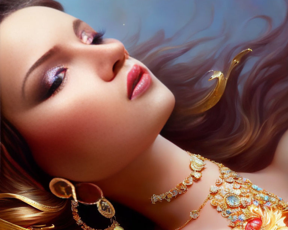 Portrait of a woman with elaborate jewelry and flowing hair in ethereal setting