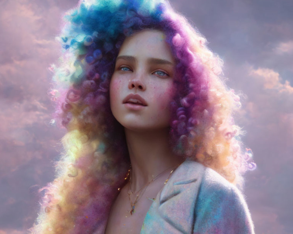 Colorful cloud-like hair on woman against dreamy sky backdrop