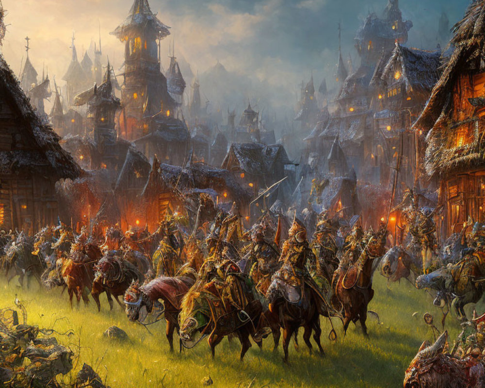 Medieval warriors on horseback charging in a field with a golden-hued village at sunrise or sunset